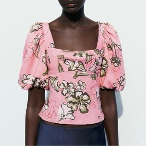 Zara Floral Puff Sleeve Linen Blend Poplin Top Size Medium